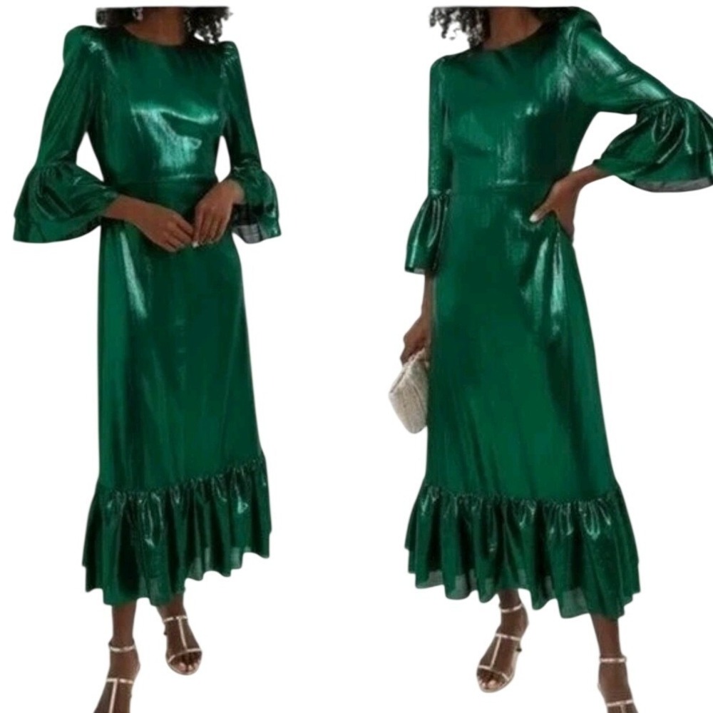 NWT Pomander Place Tuckernuck Emerald Crinkle Lurex Lillith Maxi Dress L Green